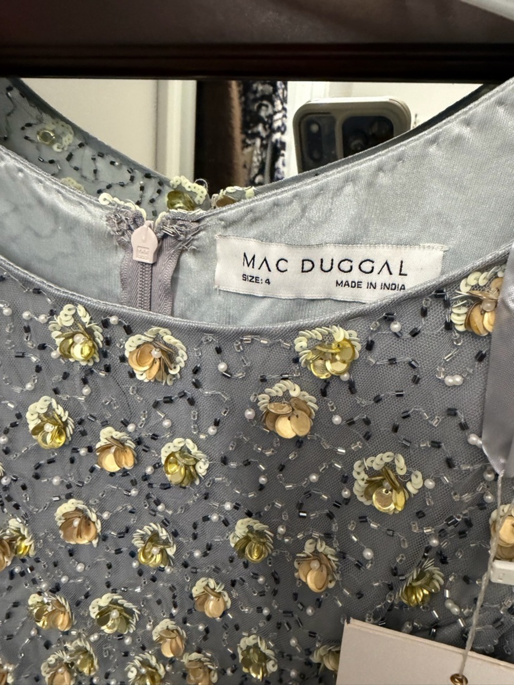 Mac Duggal Silver Gown with Gold Floral Embellishments — Long Sleeve - Picture 2 of 6